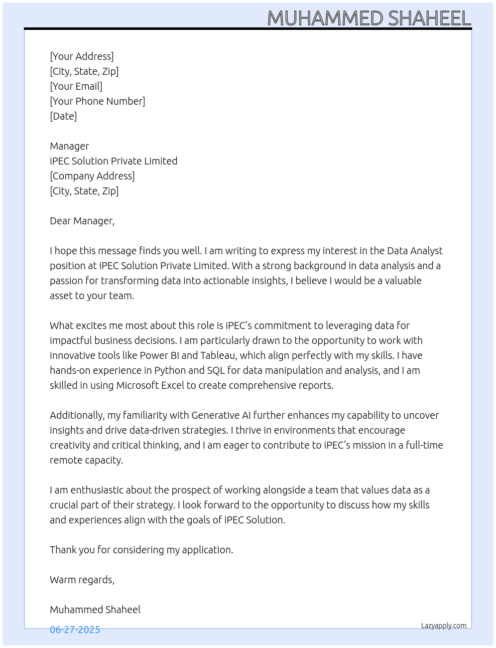 Data analyst At iPEC Solution private limited Cover Letter