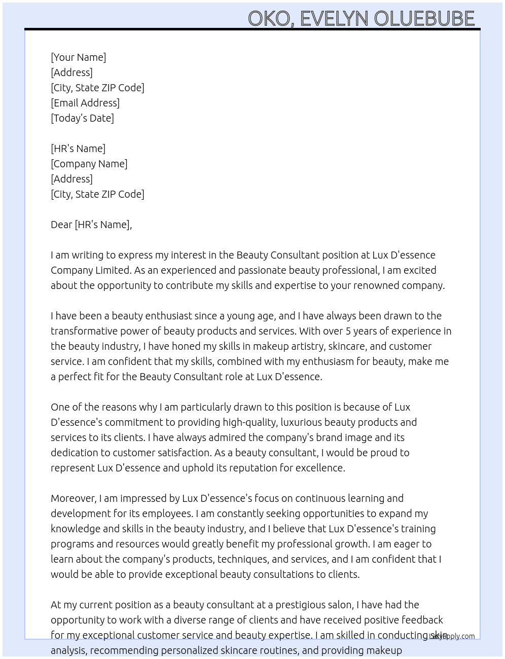 Beauty consultant  At Lux D'essence company Limited  Cover Letter