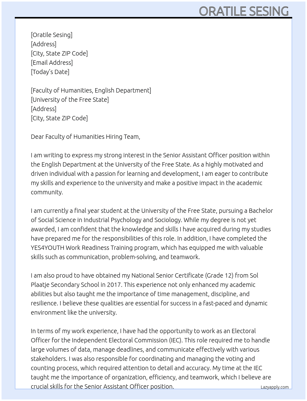 senior assistant officer  At University of the Free State  Cover Letter