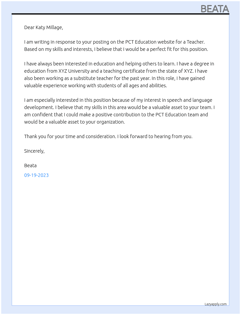 Teacher At PCT Education Cover Letter