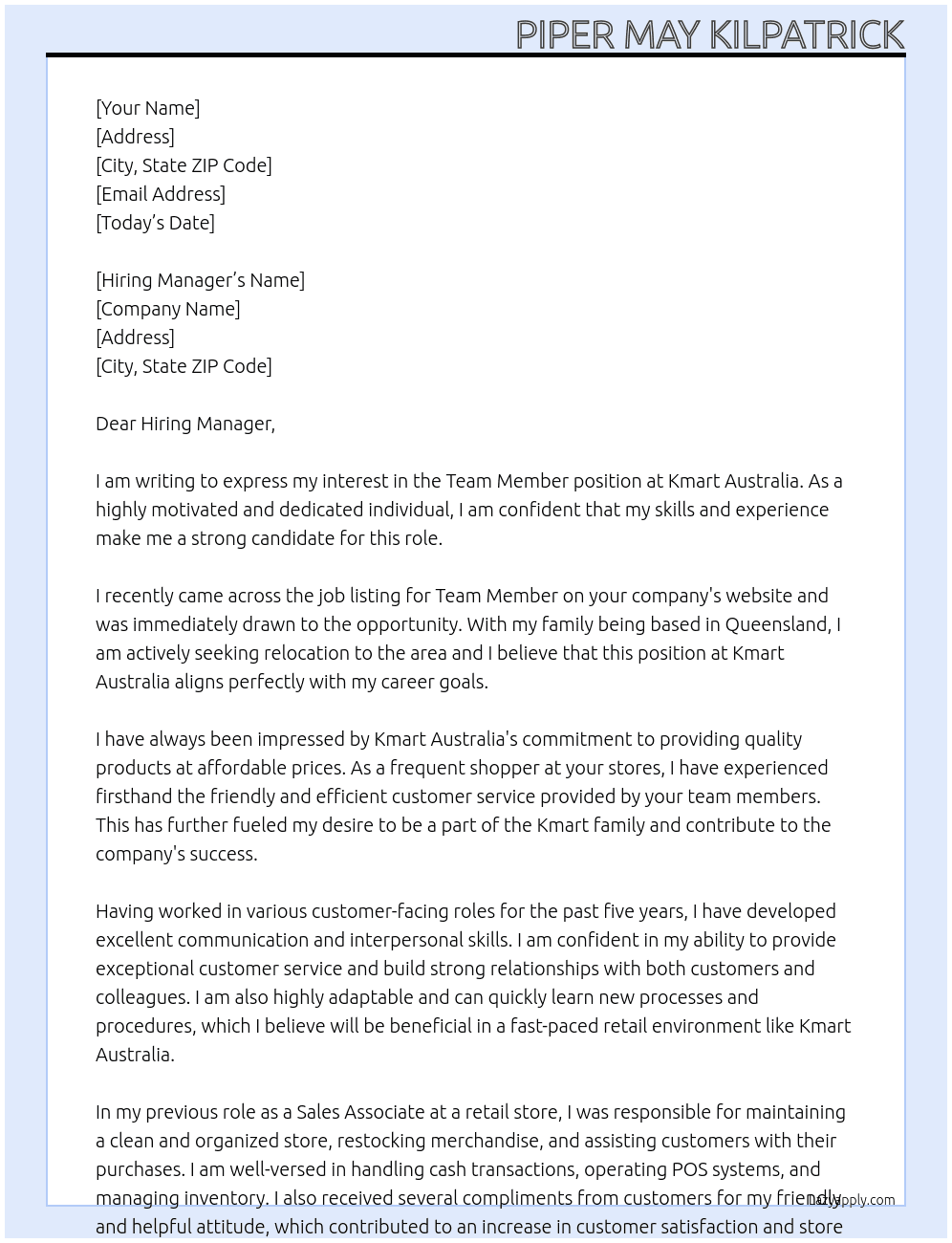Team member  At Kmart Australia  Cover Letter