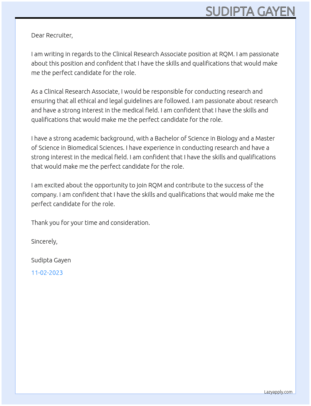 Clinical Research Associate  At RQM Cover Letter