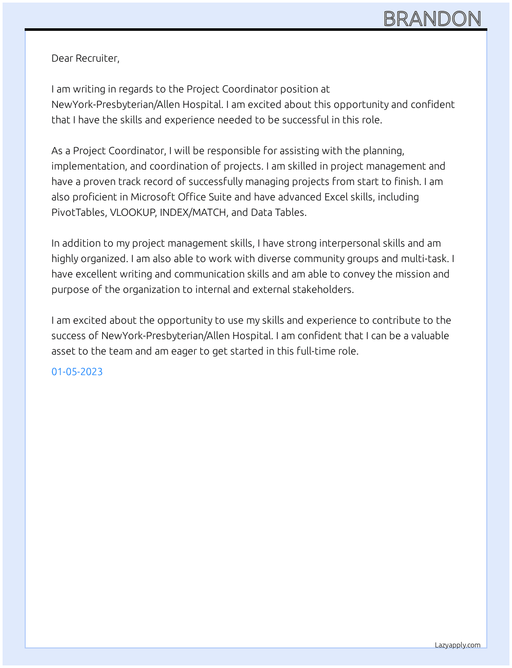 Project Coordinator At NewYork-Presbyterian/Allen Hospital Cover Letter