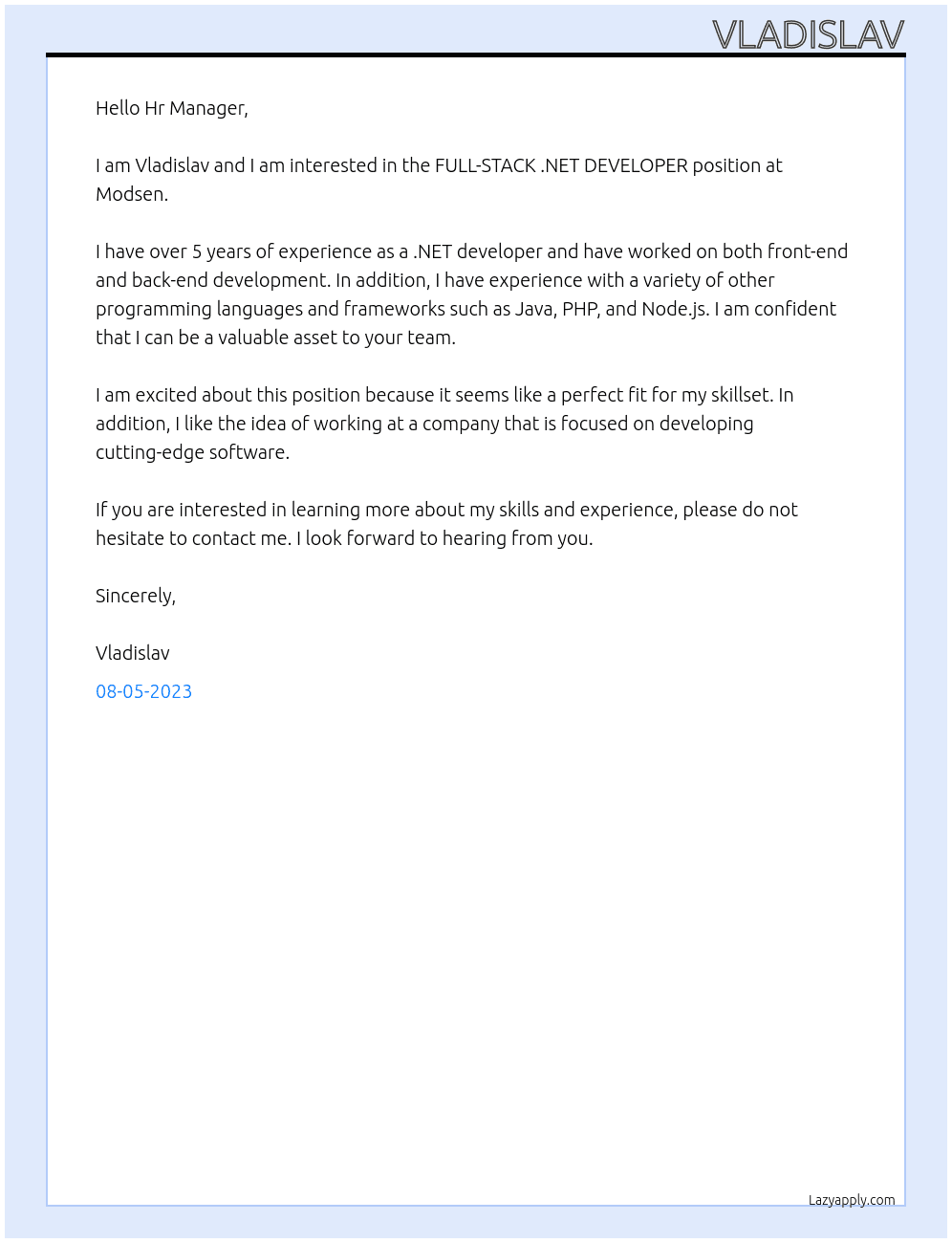 FULL-STACK .NET DEVELOPER At Modsen Cover Letter