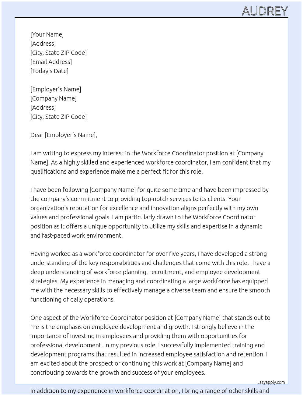 Workforce coordinator At X Cover Letter