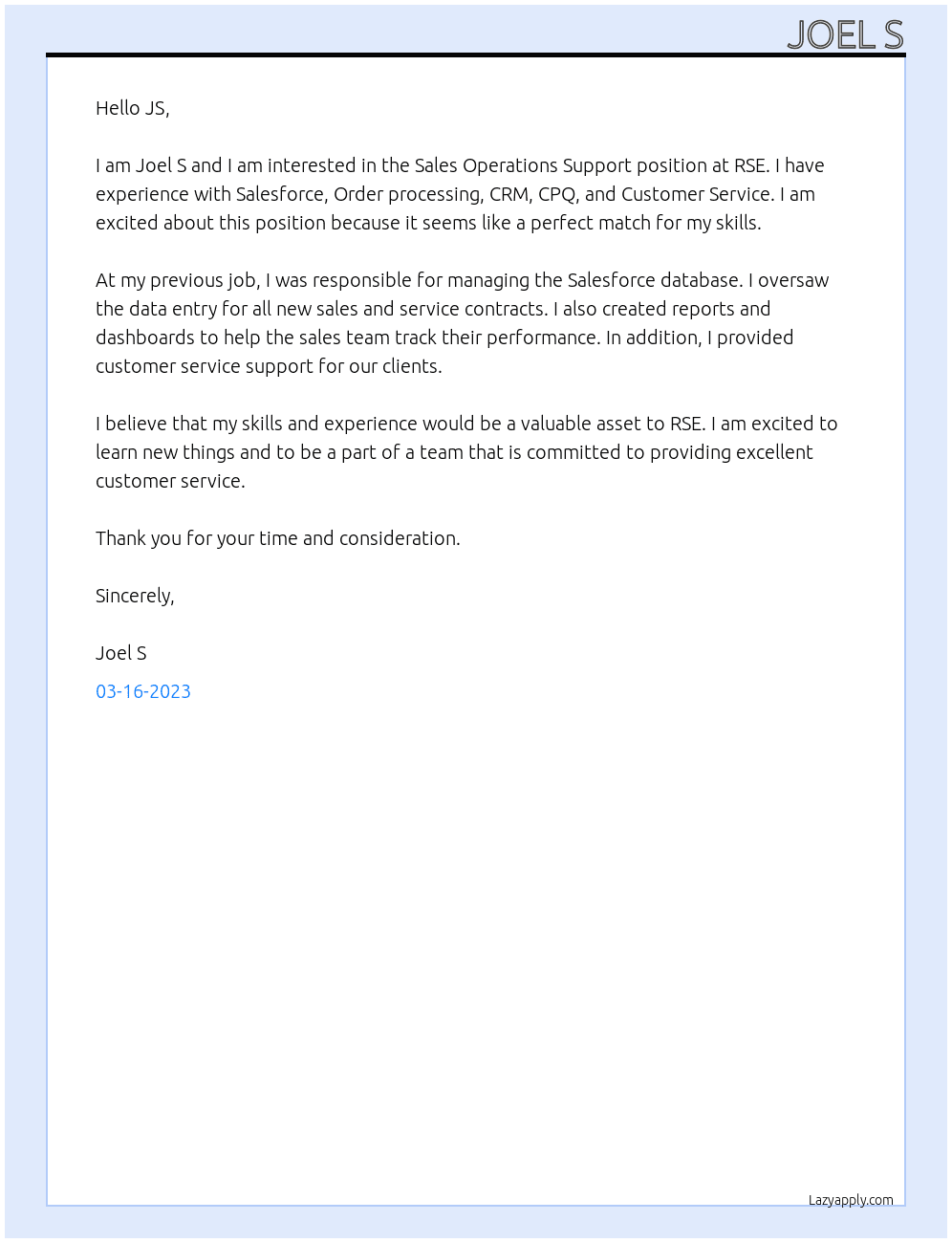 Sales Operations Support At RSE  Cover Letter