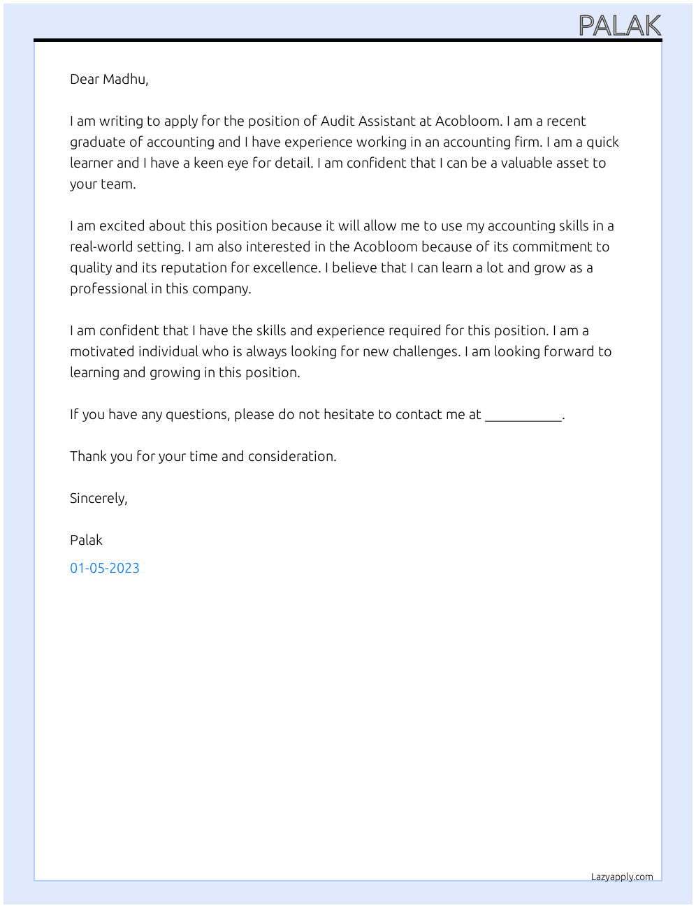 Audit Assistant At Acobloom Cover Letter