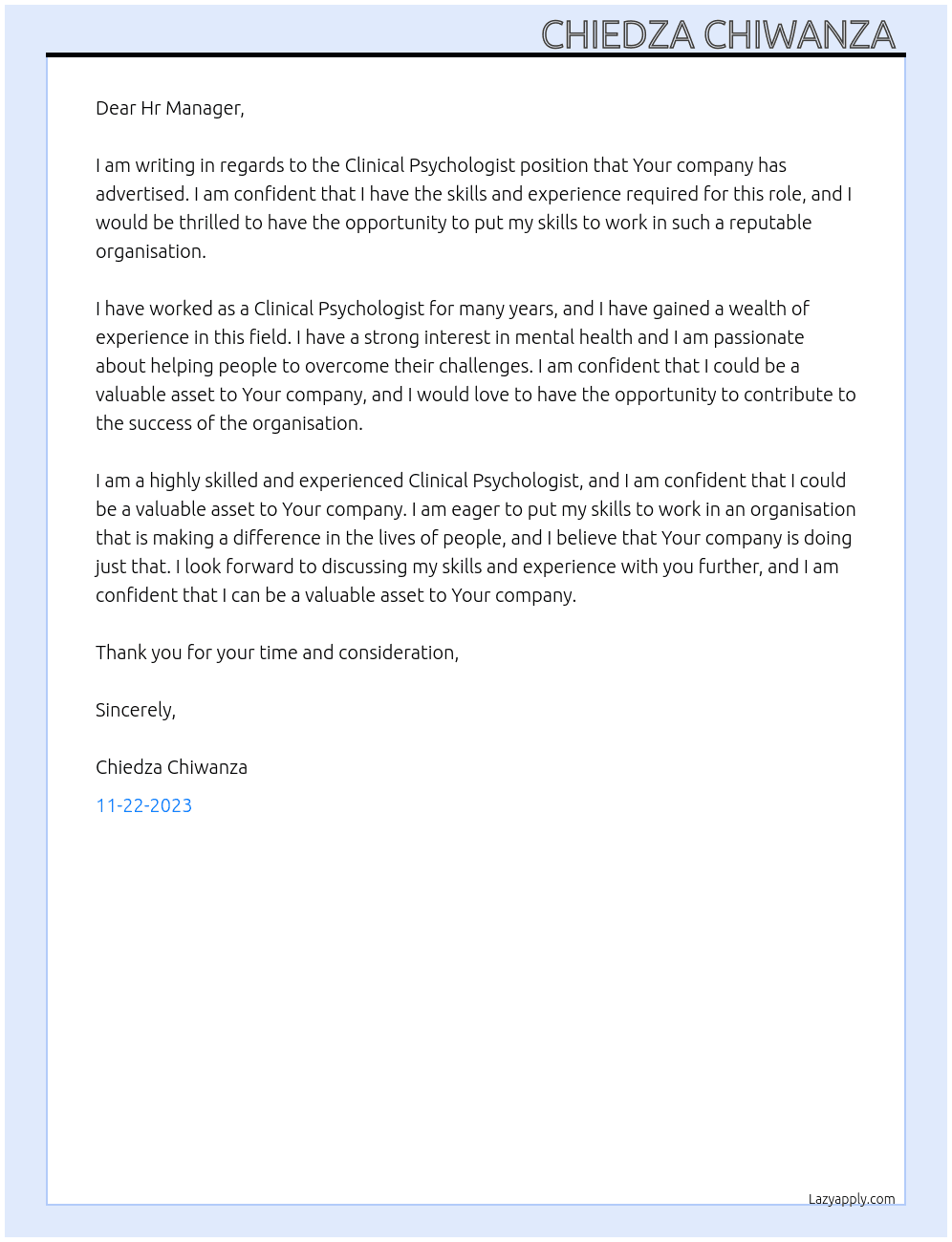 Clinical Psychologist  At Your company  Cover Letter