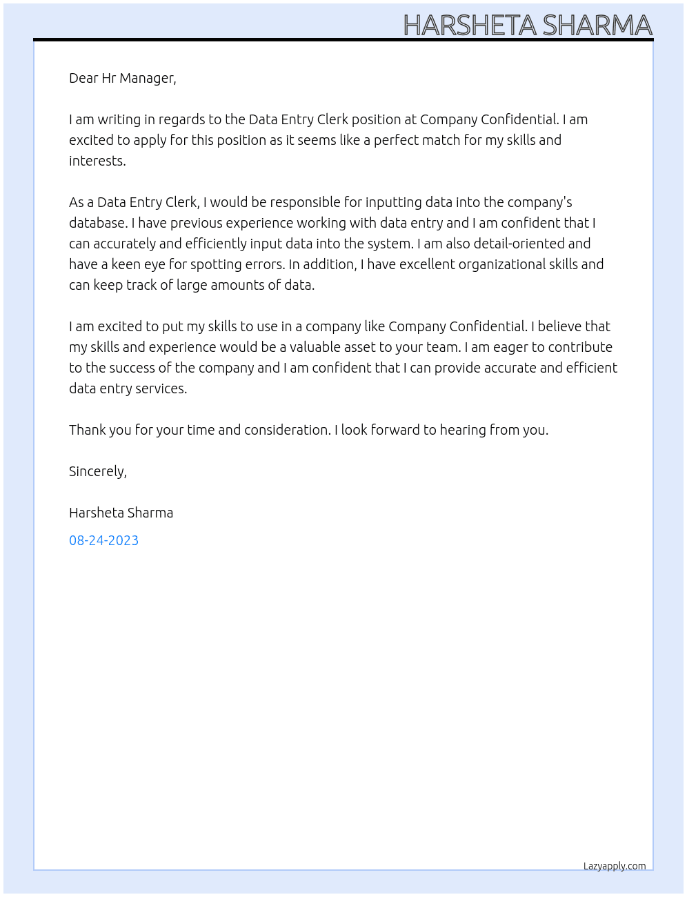 Data Entry Clerk At Company Confidential Cover Letter