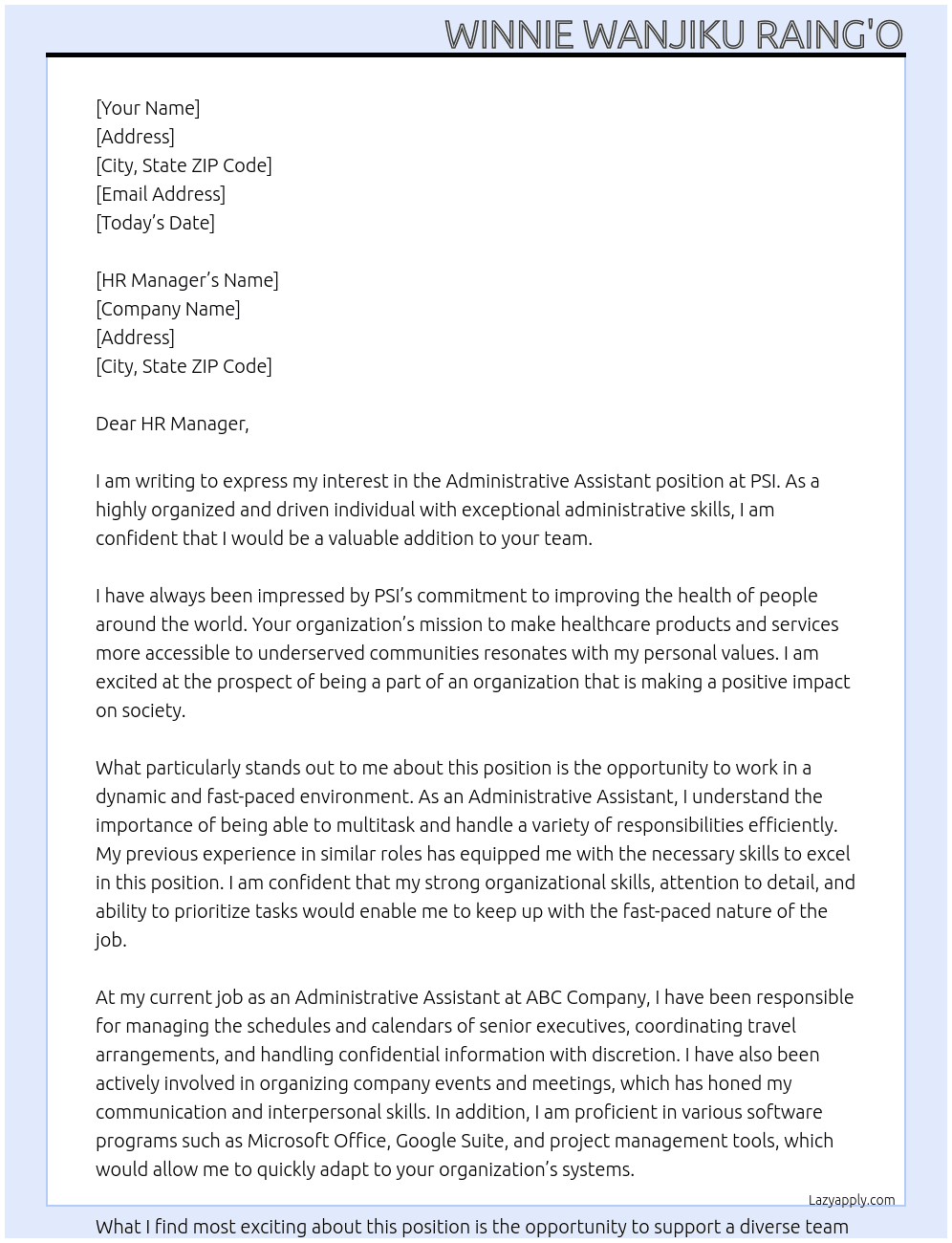 Administartive Assistant At PSI Cover Letter