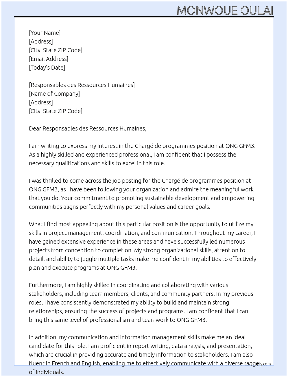 Chargé de programmes At ONG GFM3 Cover Letter