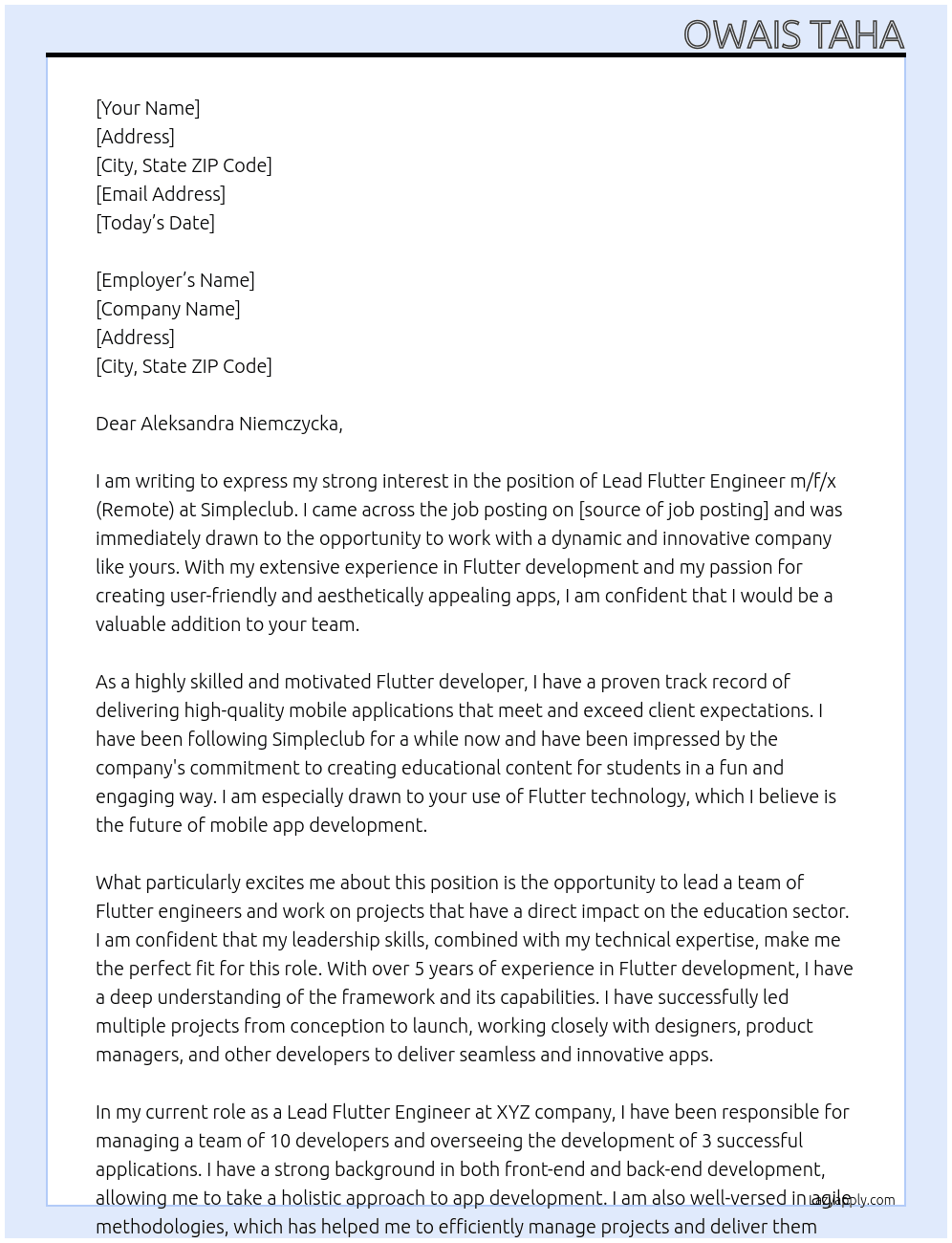 Lead Flutter Engineer m/f/x (Remote) At Simpleclub Cover Letter