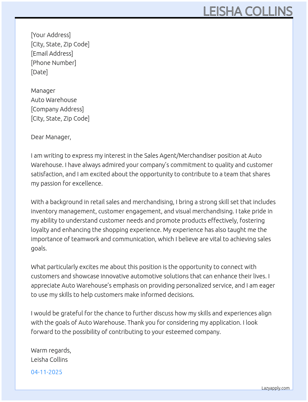 Sales agent/Merchandiser At Auto Warehouse Cover Letter