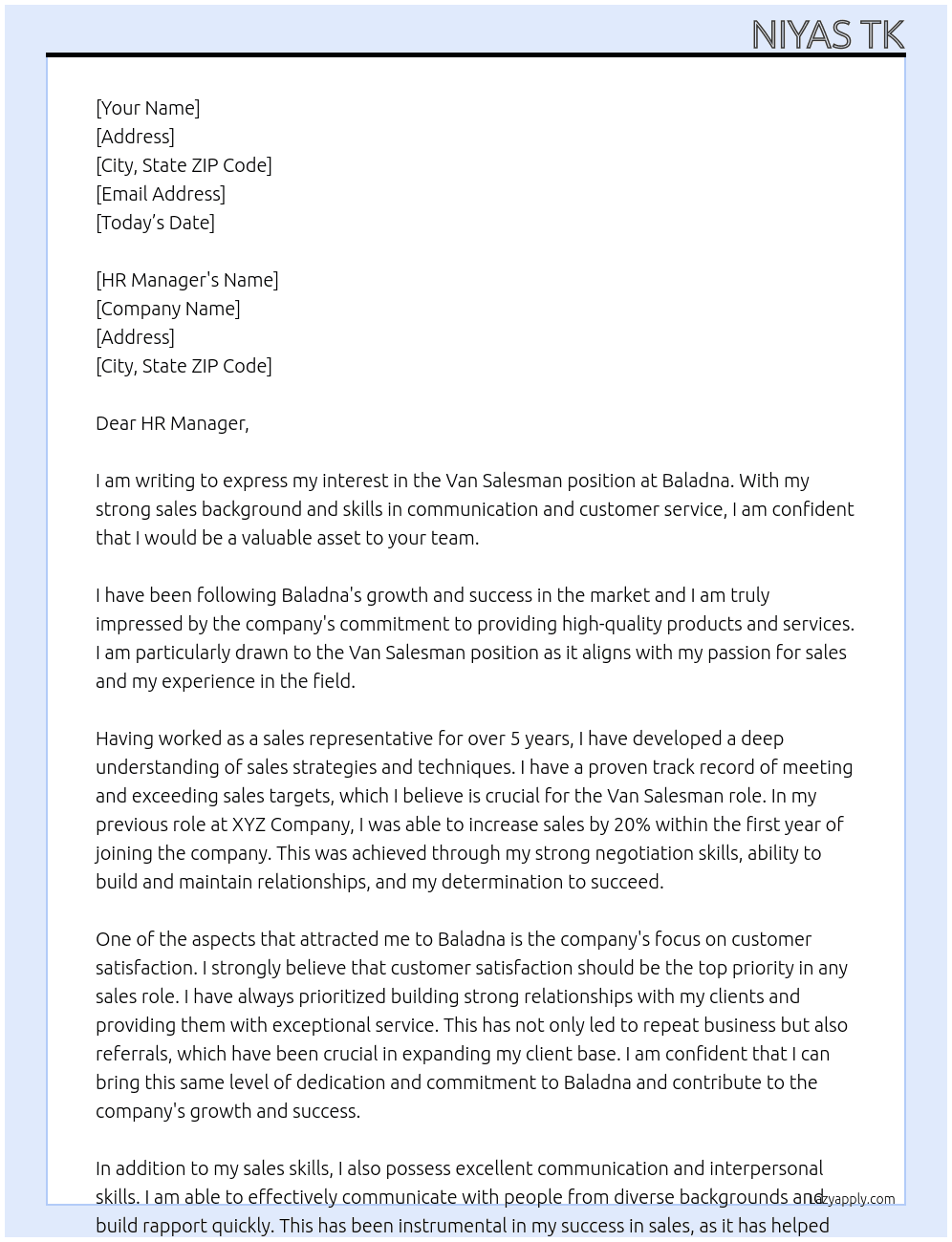 Van salesman  At Baladna Cover Letter