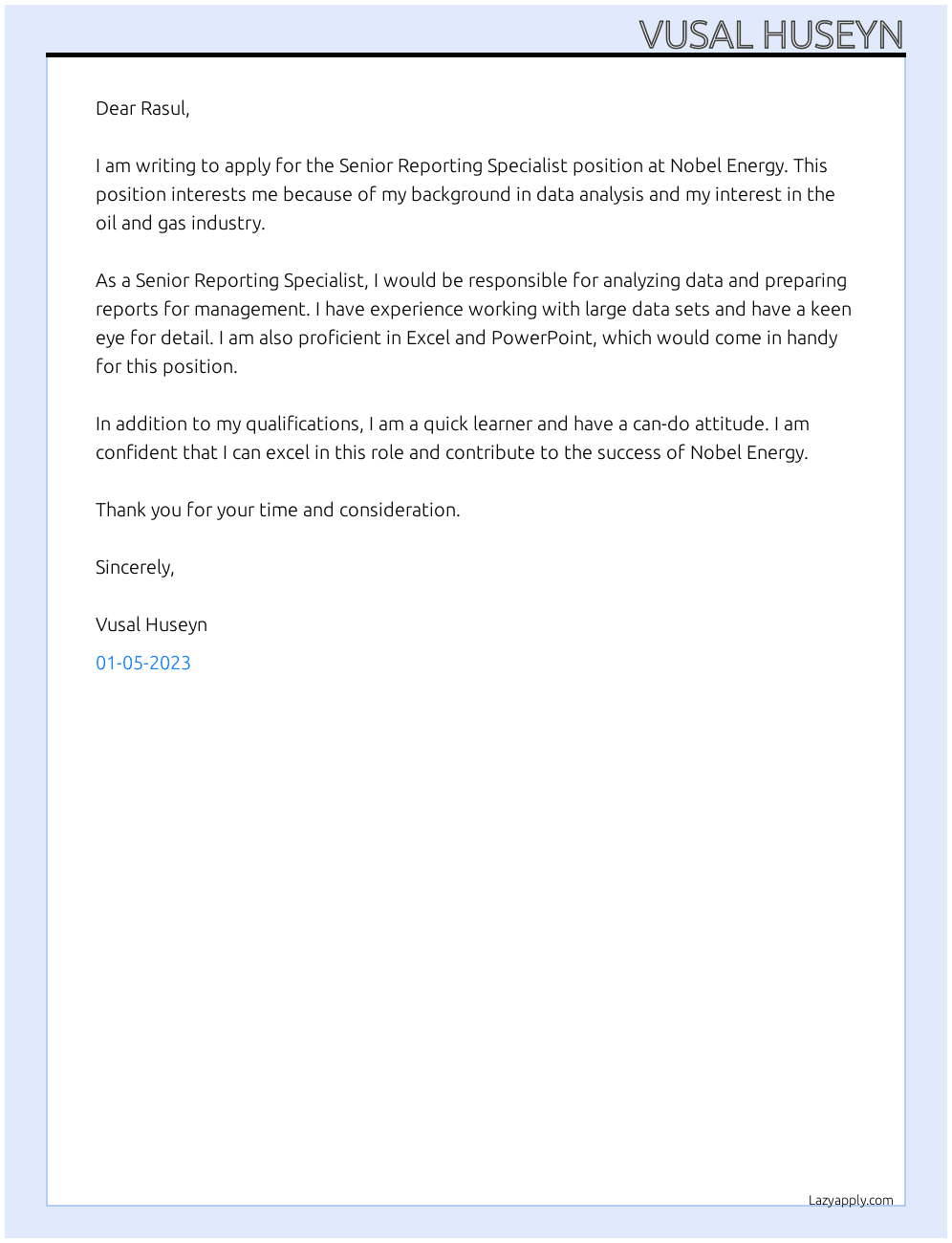 Senior reporting specialist At Nobel Energy Cover Letter