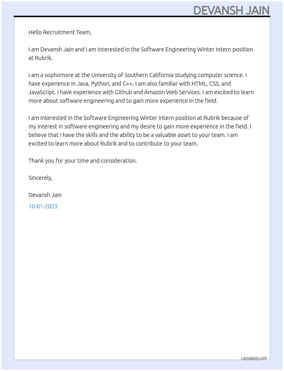 Software Engineering Winter Intern At Rubrik Cover Letter