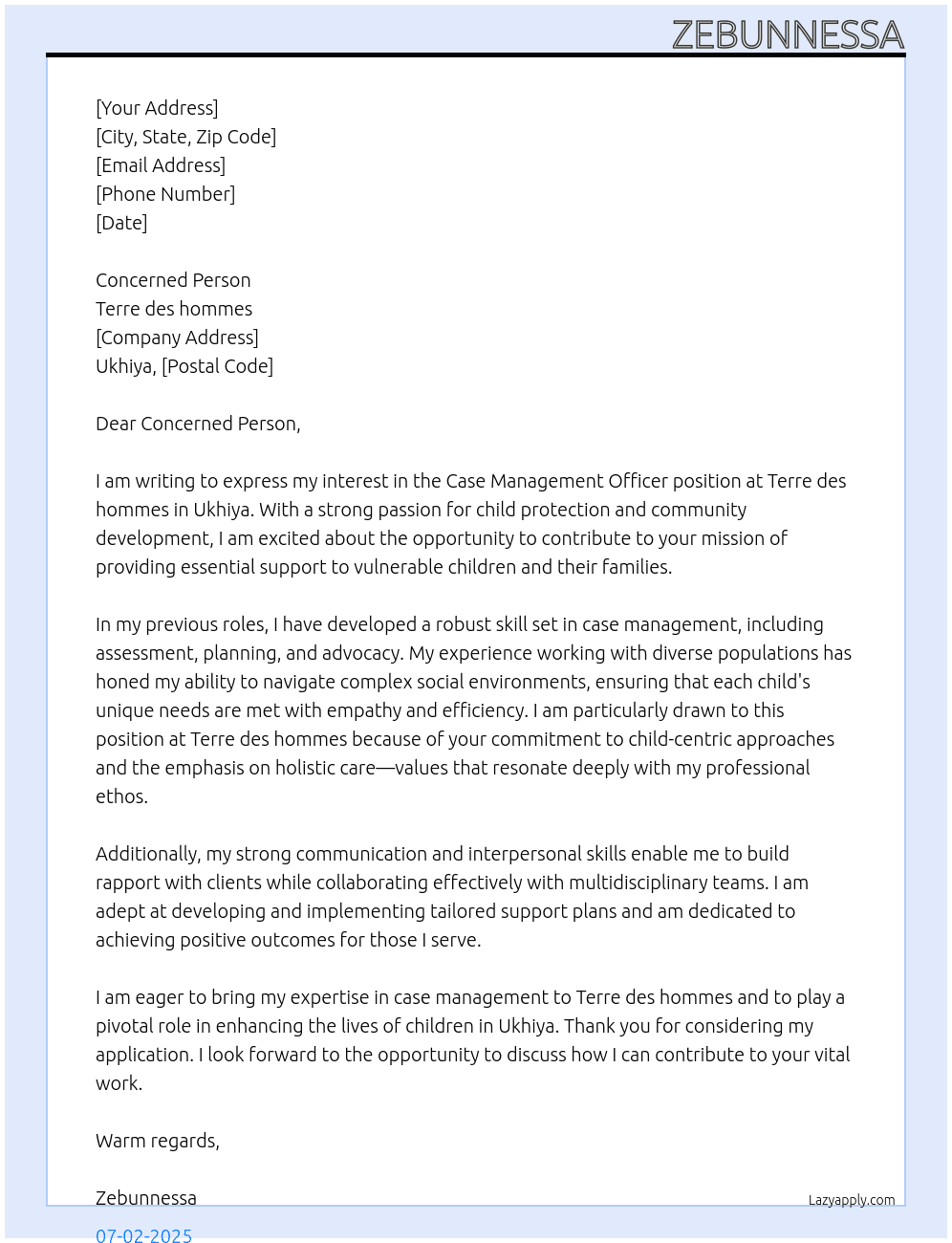 Case Management Officer At Terre des hommes Cover Letter