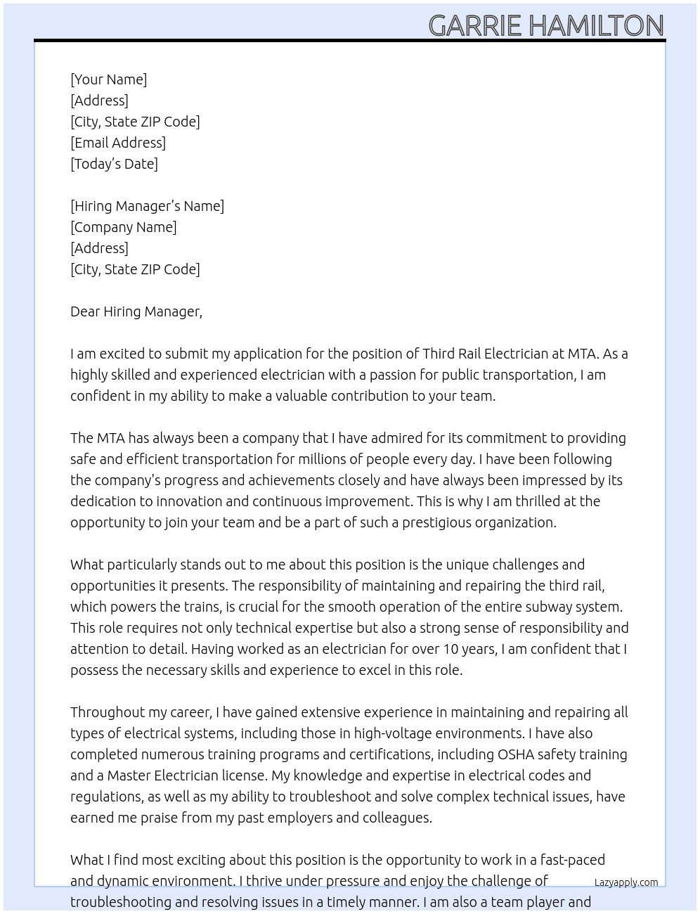 Third Rail Electrician At MTA Cover Letter
