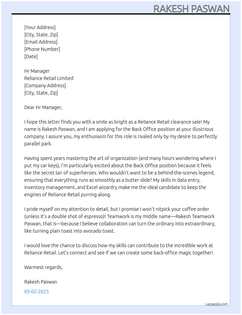 Back office  At Reliance Retail limited  Cover Letter