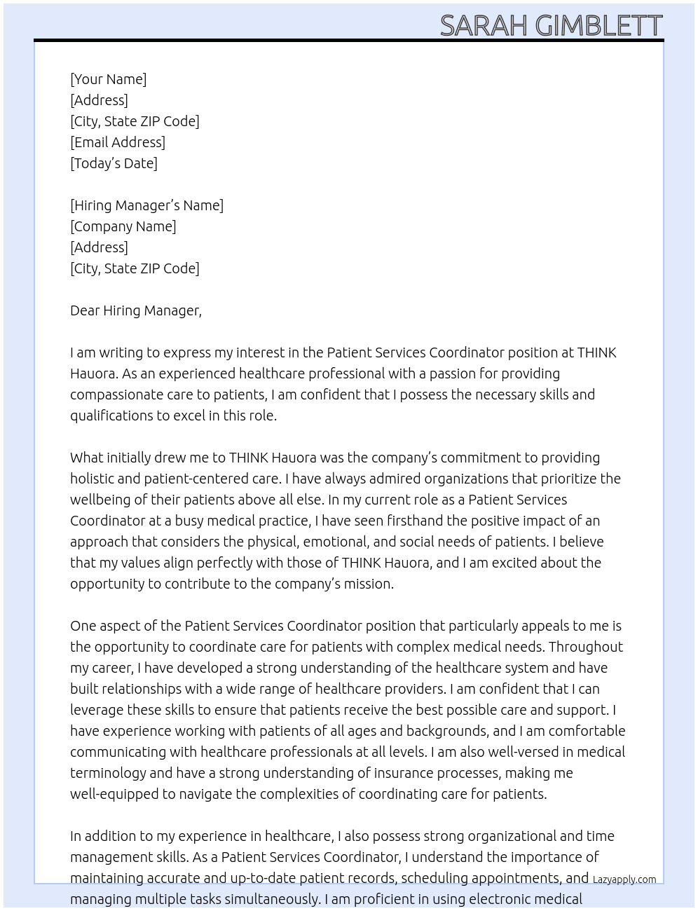 Patient Services Coordinator At THINK Hauora Cover Letter