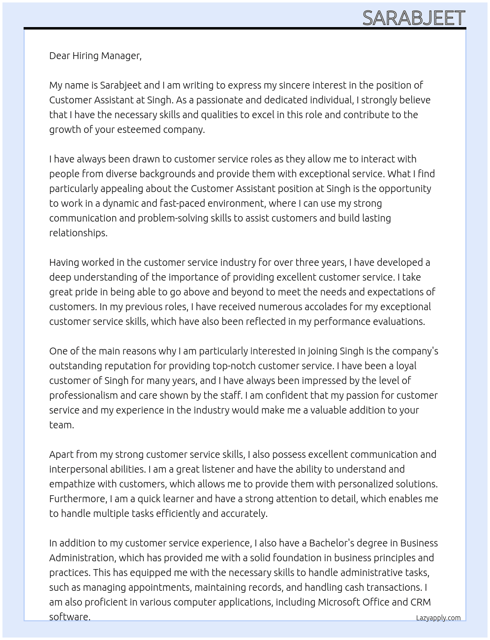 customer assistant At Singh Cover Letter
