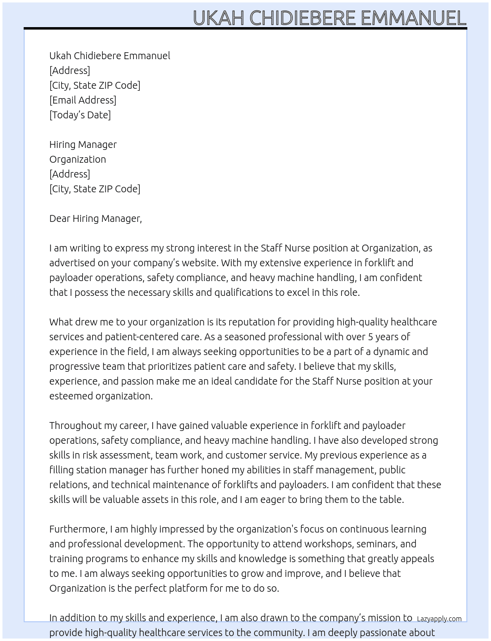 Staff Nurse At Organization Cover Letter