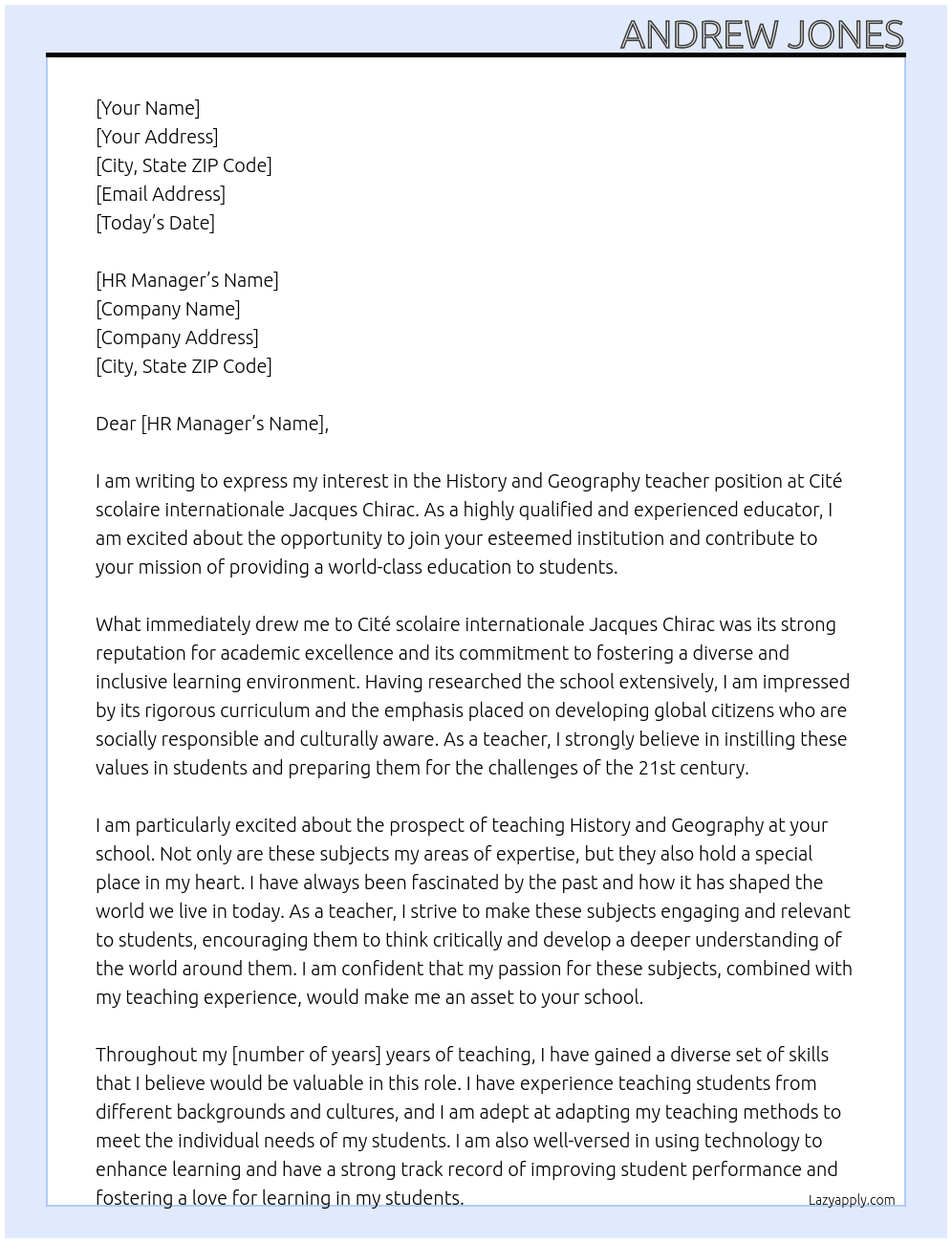 History and Geography teacher At Cité scolaire internationale Jacques Chirac Cover Letter