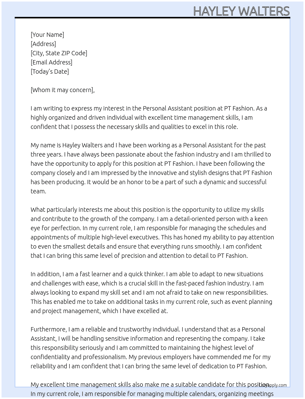 Personal assistant  At PT Fashion  Cover Letter