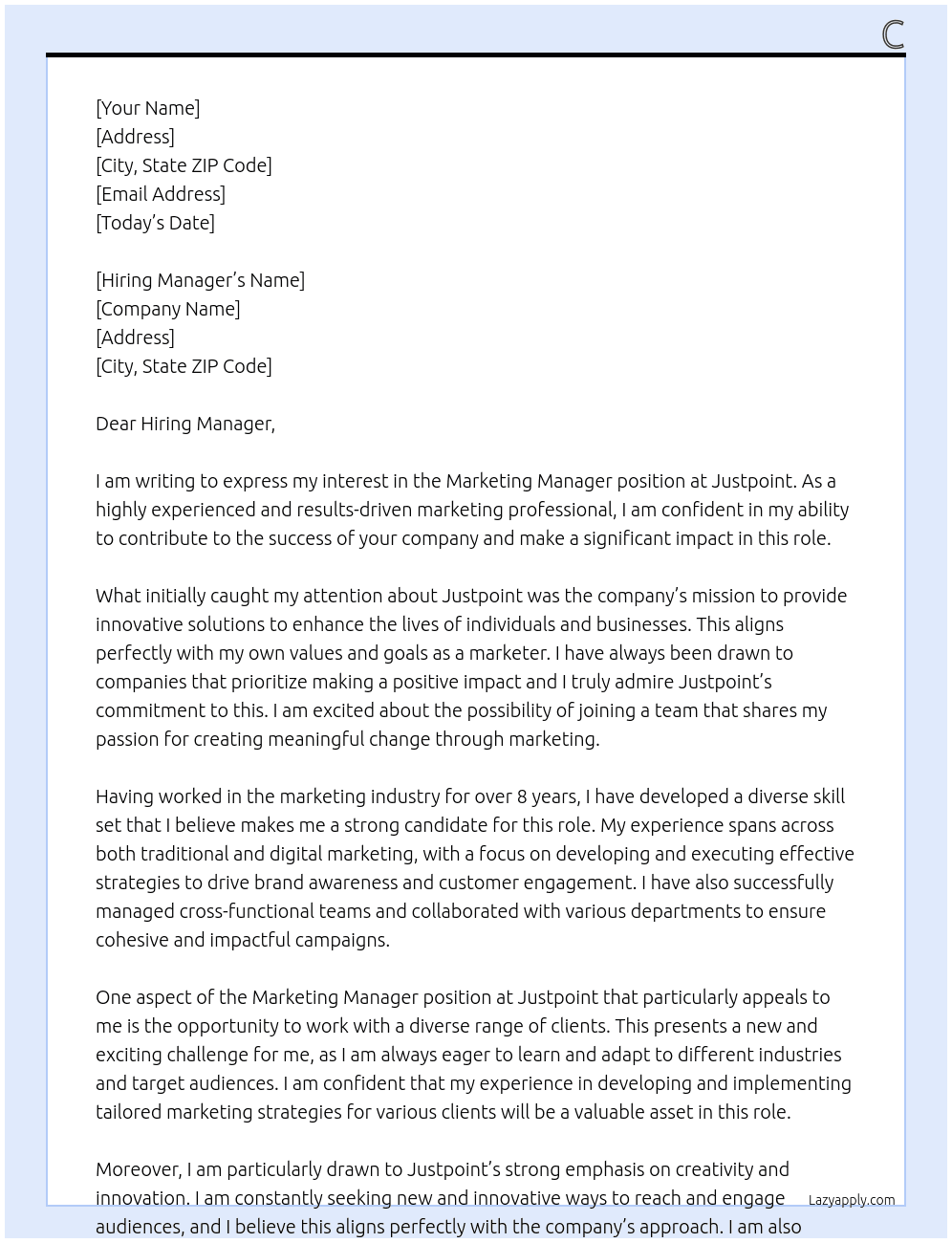 Marketing Manager At Justpoint Cover Letter