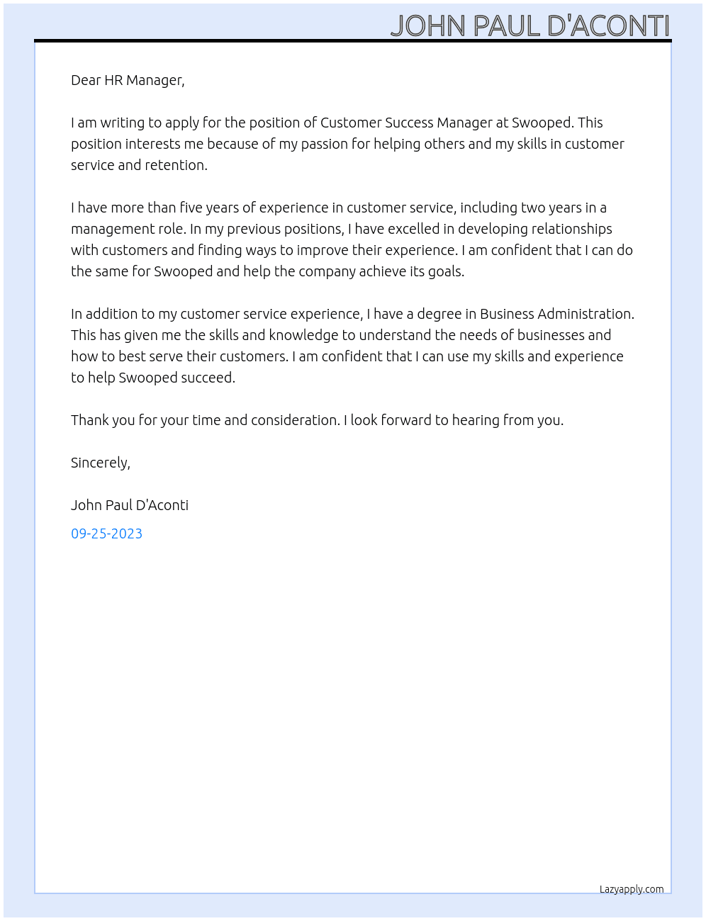 Customer Success Manager At Swooped  Cover Letter