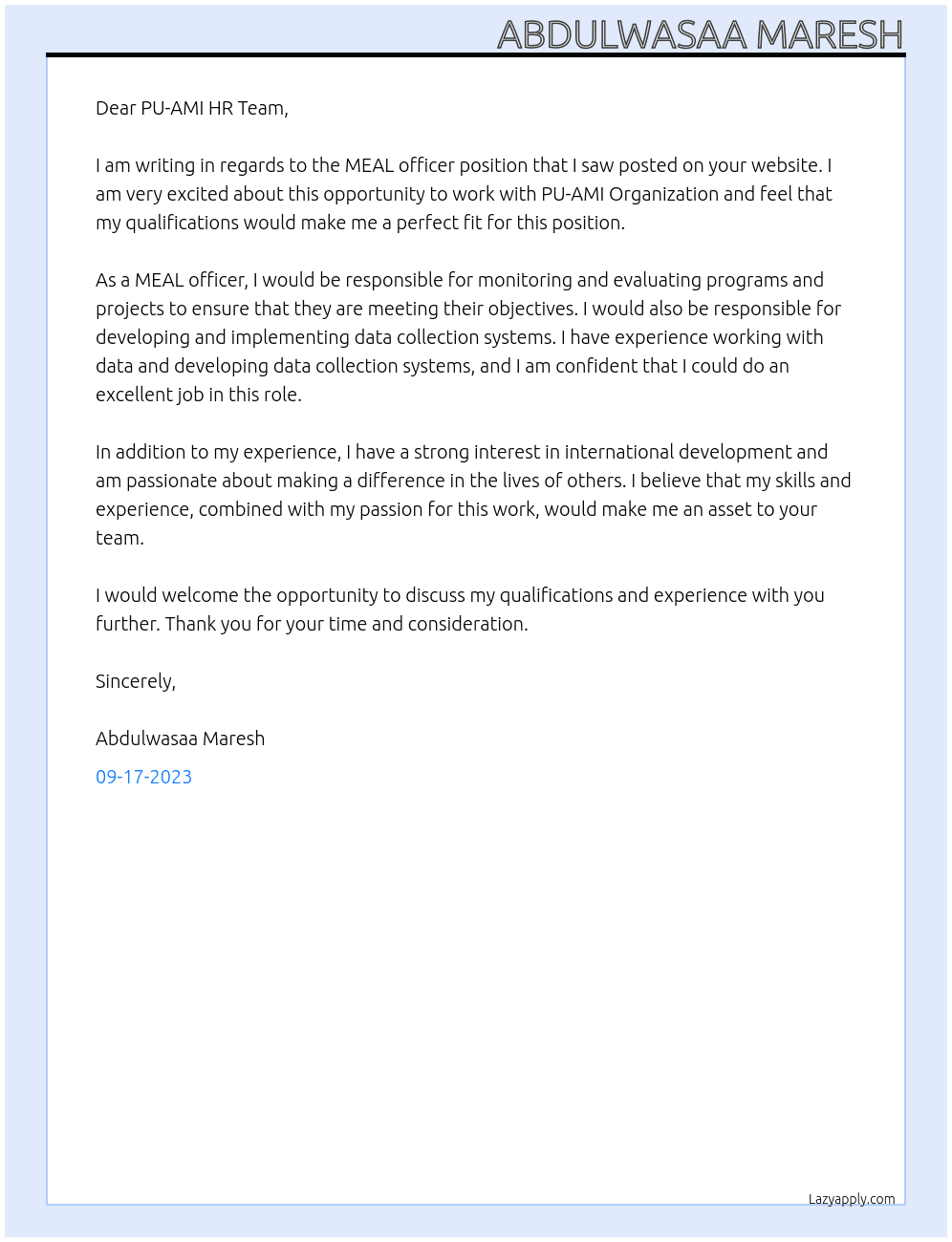 MEAL officer At PU-AMI Organization Cover Letter