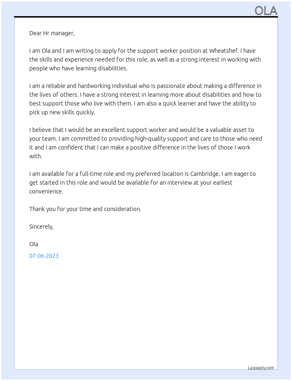 Support worker At Wheatshef  Cover Letter