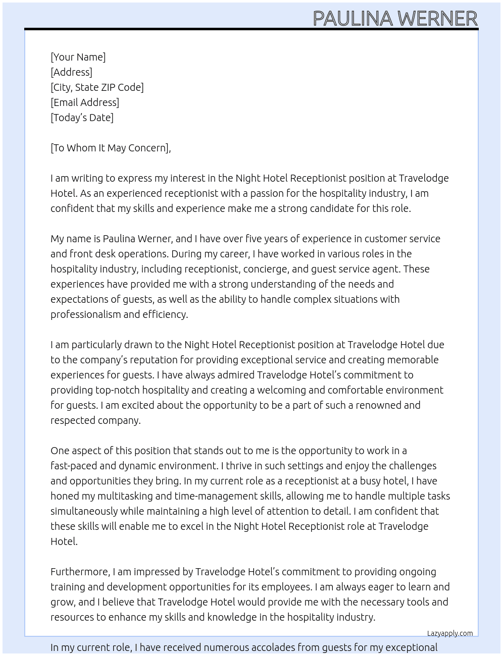 Night Hotel Receptionist  At Travelodge Hotel Cover Letter