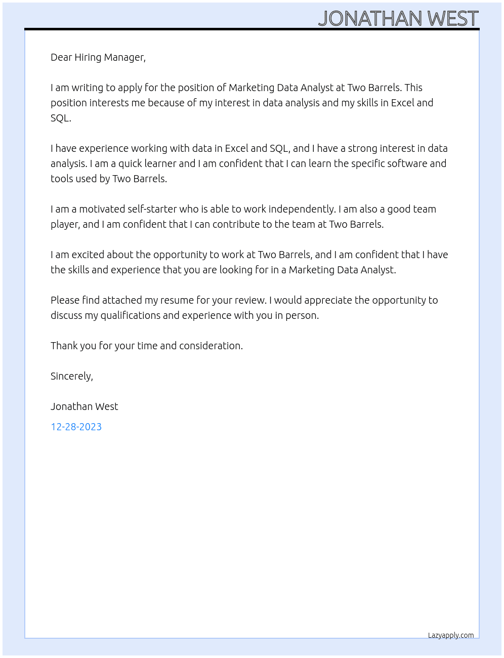 Marketing Data Analyst At Two Barrels Cover Letter