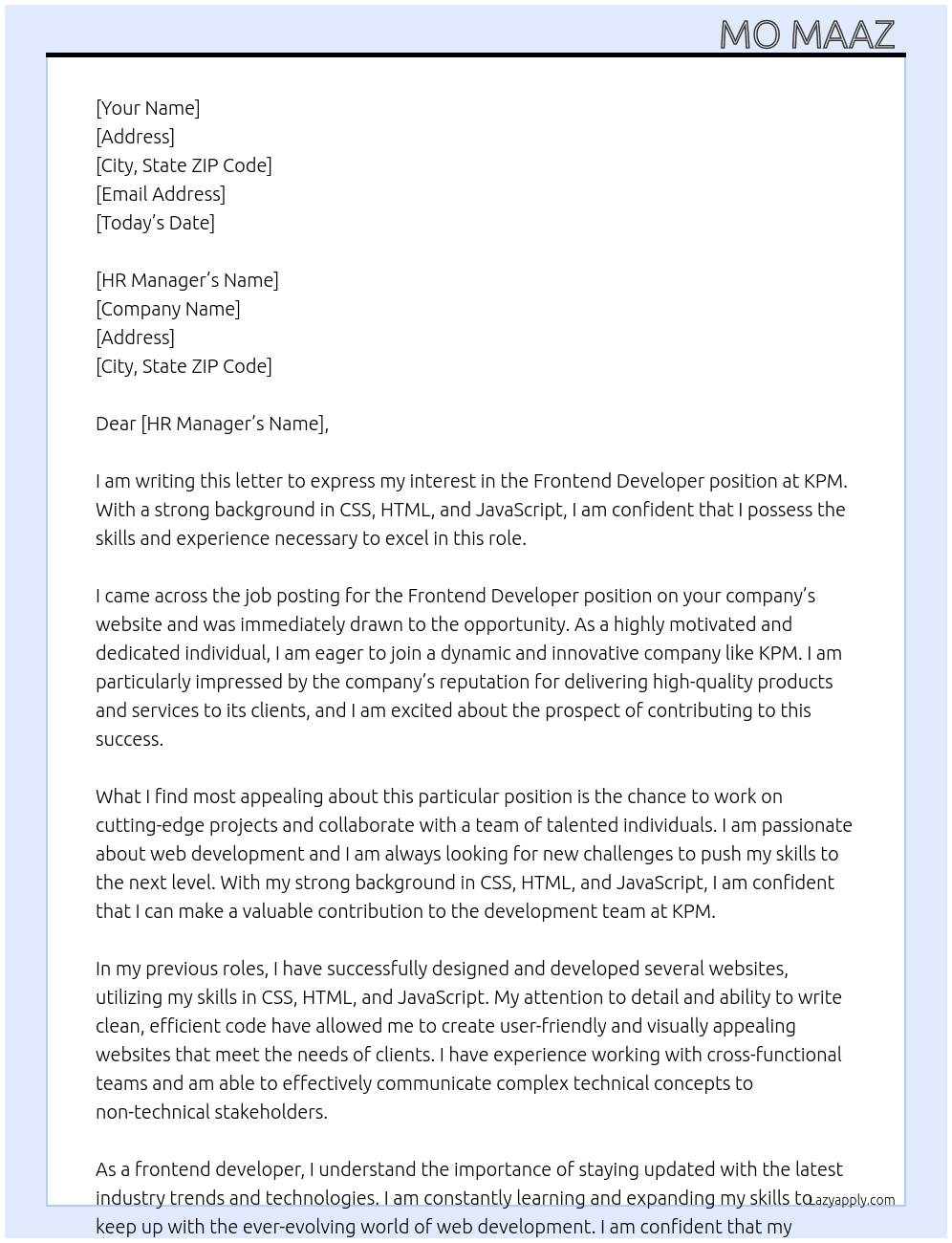 Frontend developer  At KPM Cover Letter