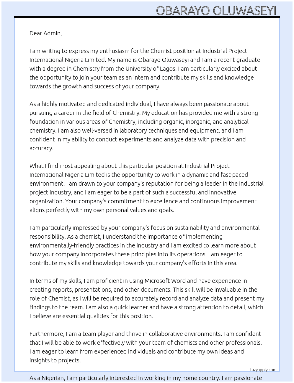 Chemist  At Industrial project international Nigeria Limited  Cover Letter