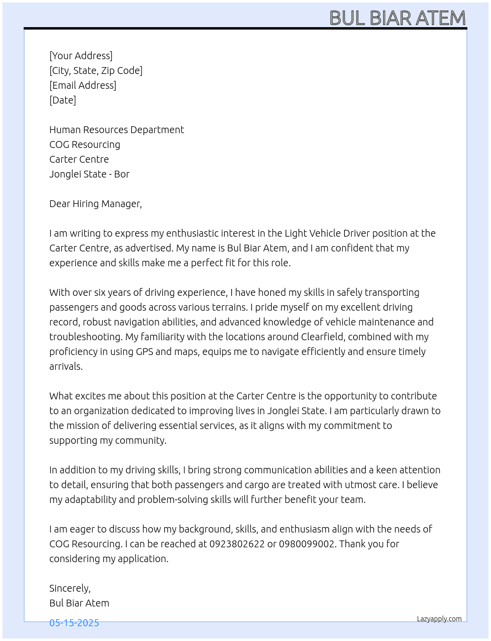 Light Vehicle Driver At COG Resoucing Cover Letter