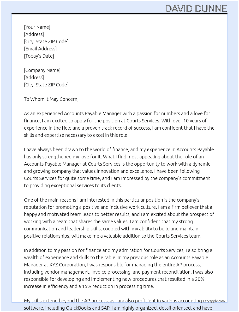 Accounts Payable Manager At Courts Services Cover Letter