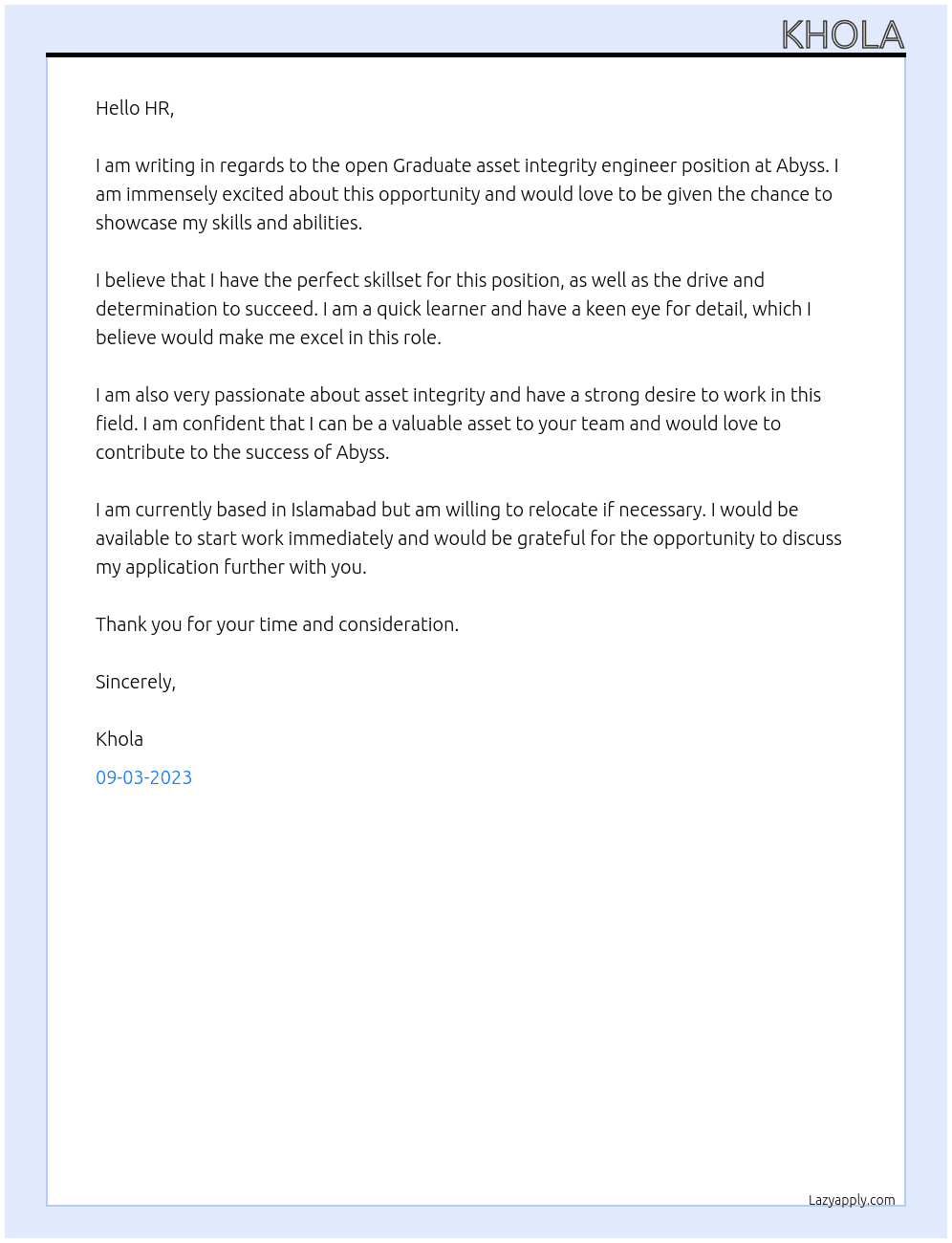 Graduate asset integrity engineer At Abyss Cover Letter
