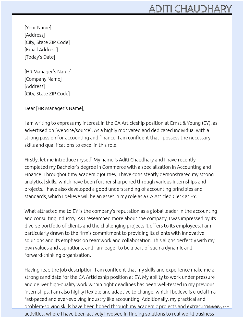 ca articleship At ernst & young (EY) Cover Letter
