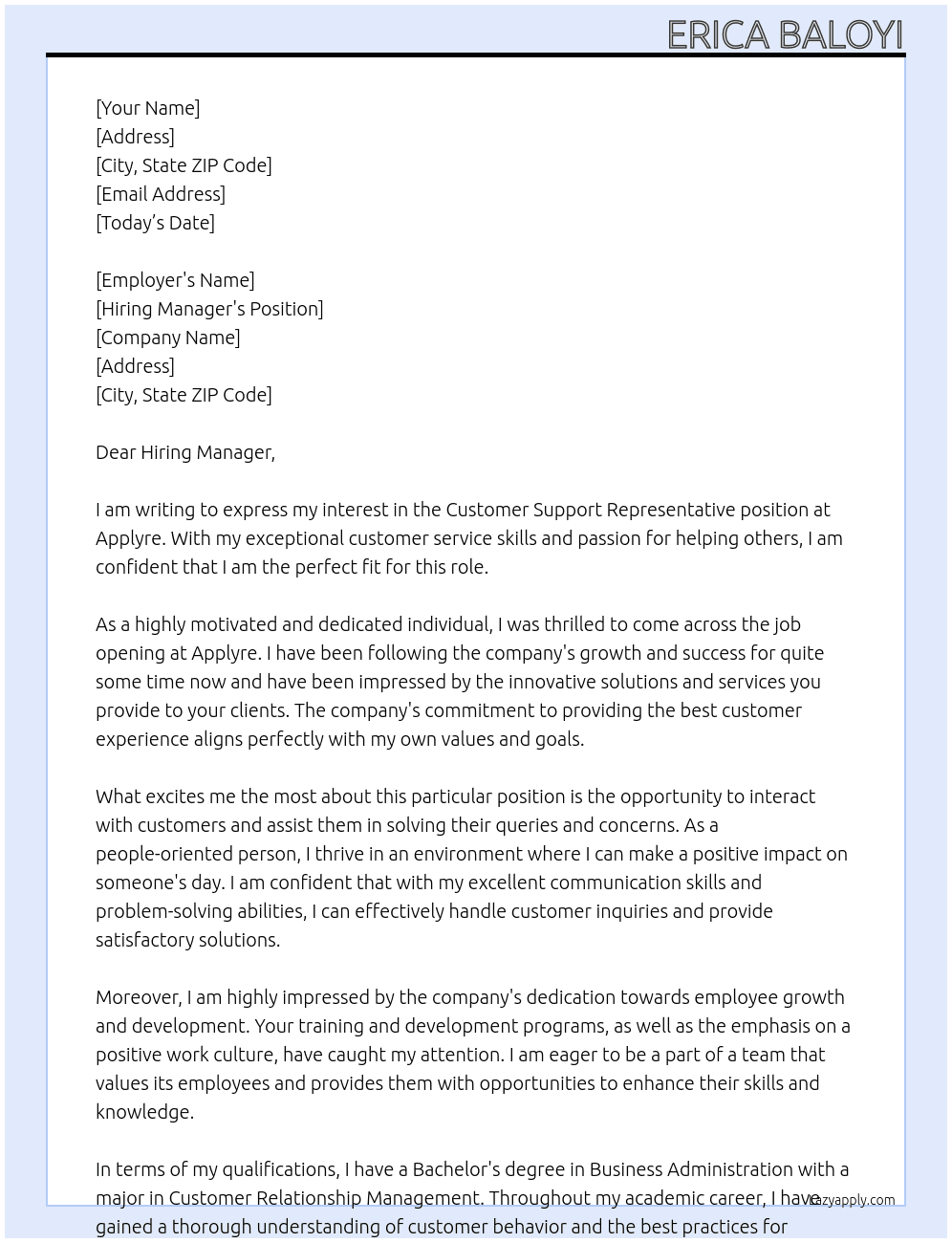 Customer support representative  At Applyre Cover Letter