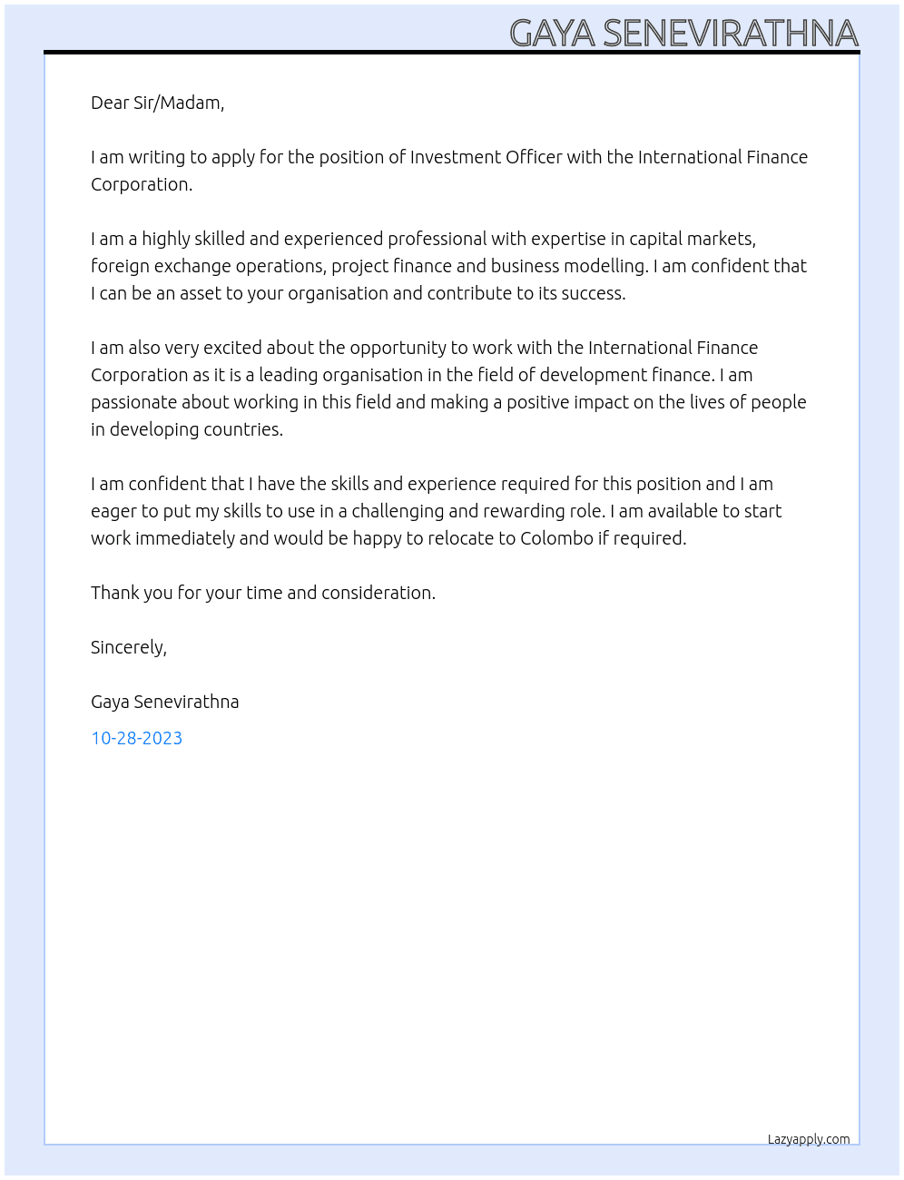 Investment Officer  At International Finance Corporation  Cover Letter
