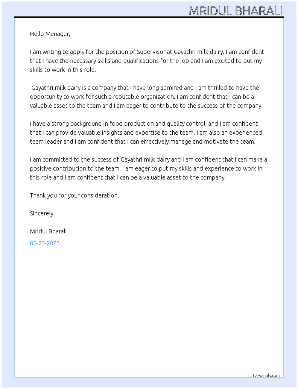 Supervisor At Gayathri milk dairy Cover Letter