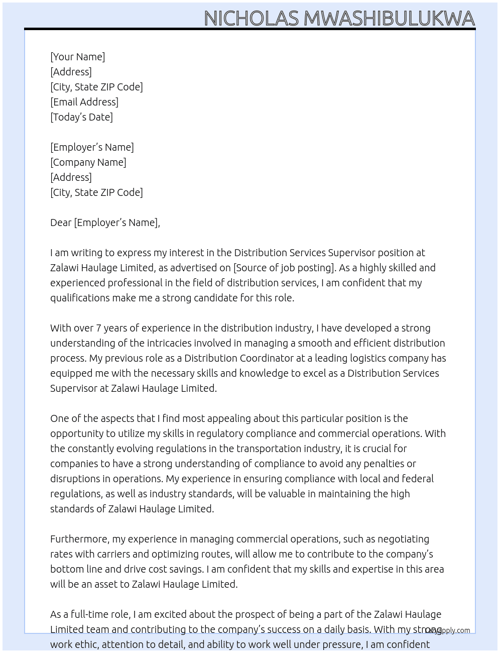 Distribution Services Supervisor At Zalawi Haulage Limited Cover Letter