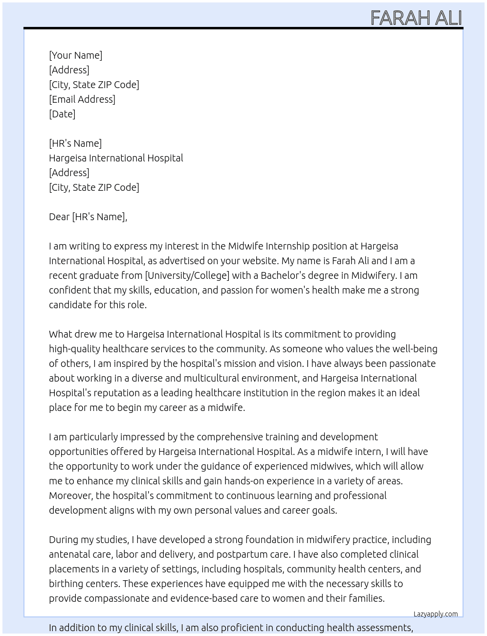 Midwife Internship At Hargeisa International Hospital Cover Letter