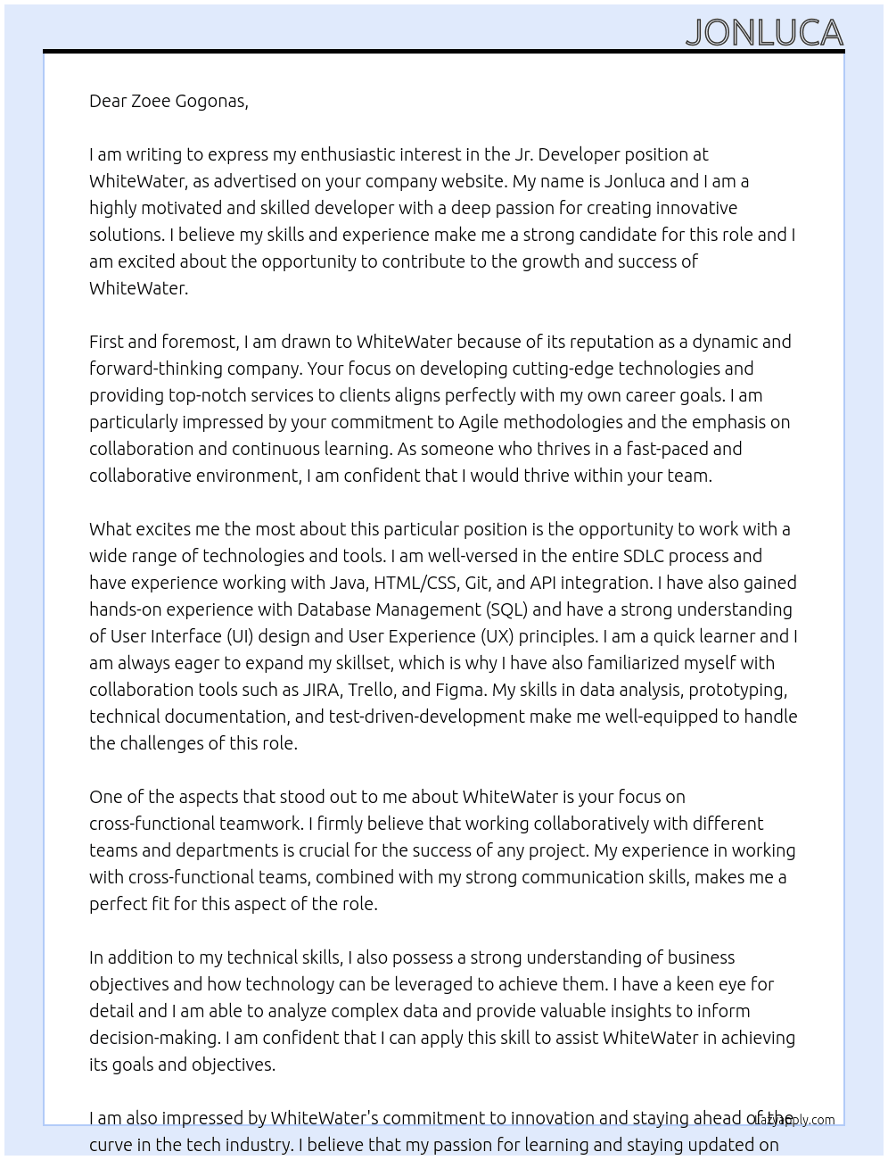 Jr. Developer At WhiteWater Cover Letter