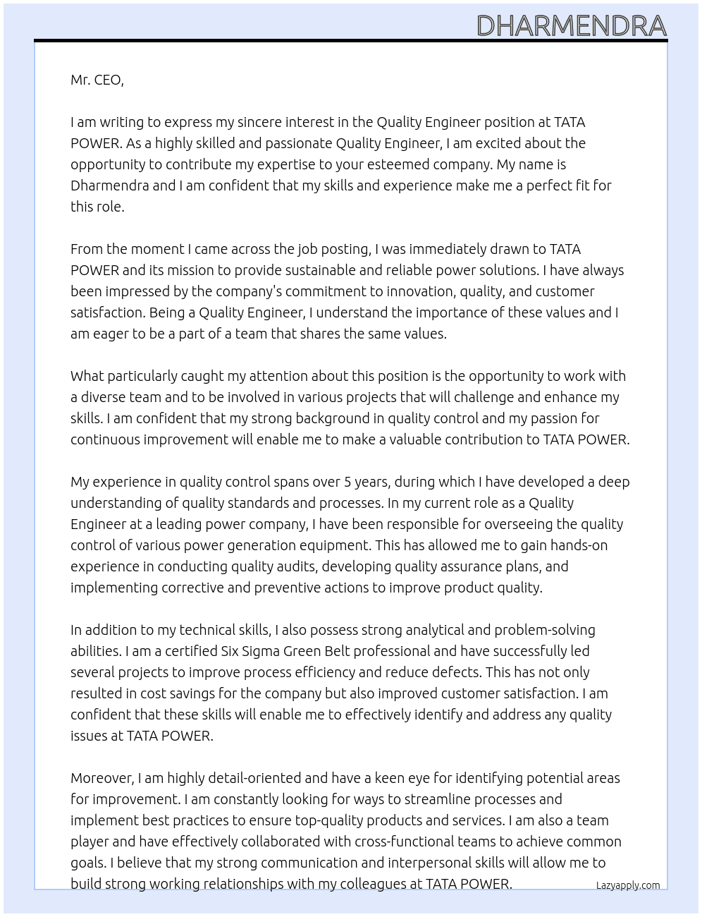 Quality engineer At TATA POWER Cover Letter