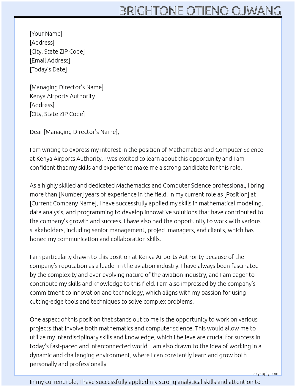 Mathematics and Computer Science At kenya airports authority Cover Letter