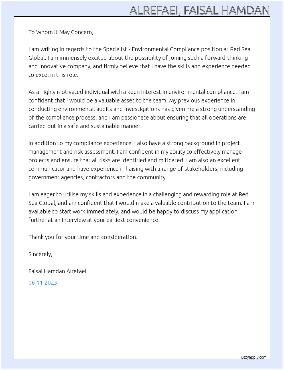 Specialist - Environmental Compliance At Red Sea Global Cover Letter