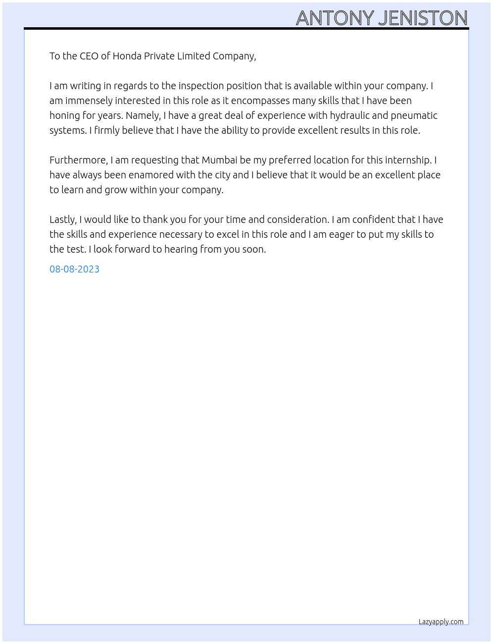 Inspection  At Honda privite limited company Cover Letter